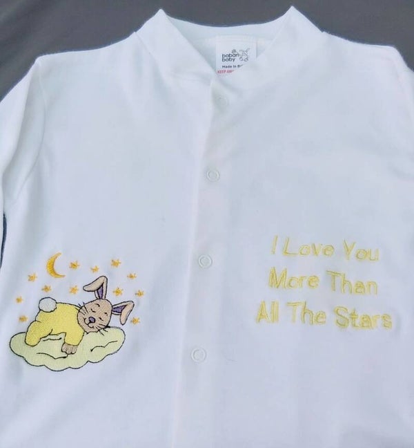 Embroidered Babygrow Sleeping Bunny on cloud design