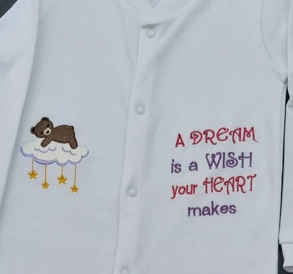 Embroidered Babygrow Teddy sleeping on cloud design