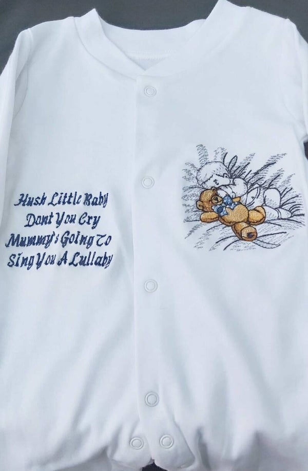 Embroidered Babygrow Sleeping baby boy with Teddy design