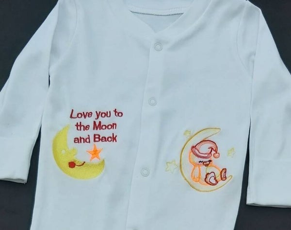 Embroidered Babygrow Sleeping Duck on the moon design