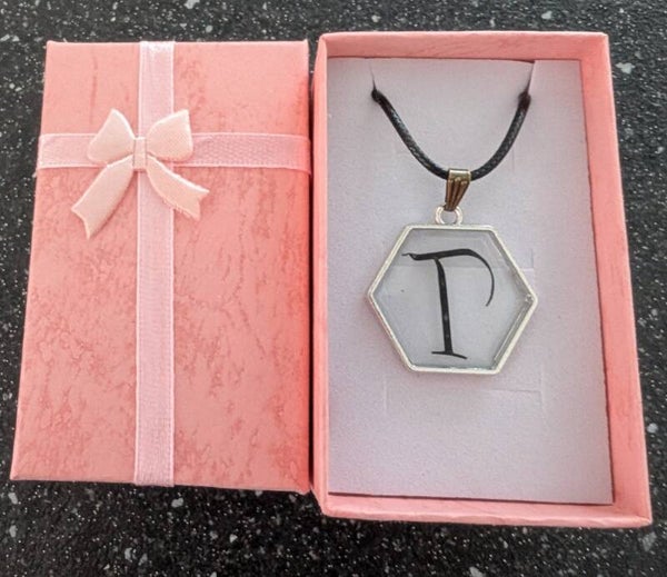 Hexagon Shaped pendant with an initial on a rope necklace