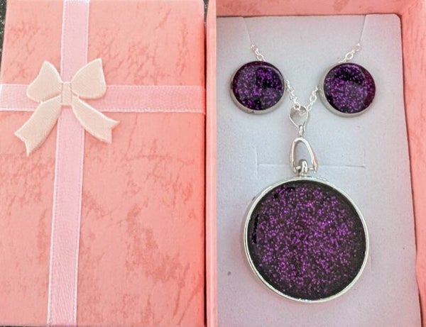 Round Glitter resin pentant and Stud earring set