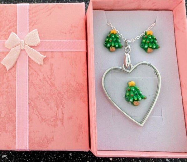Heart shaped pendant and earring set with Christmas tree charm