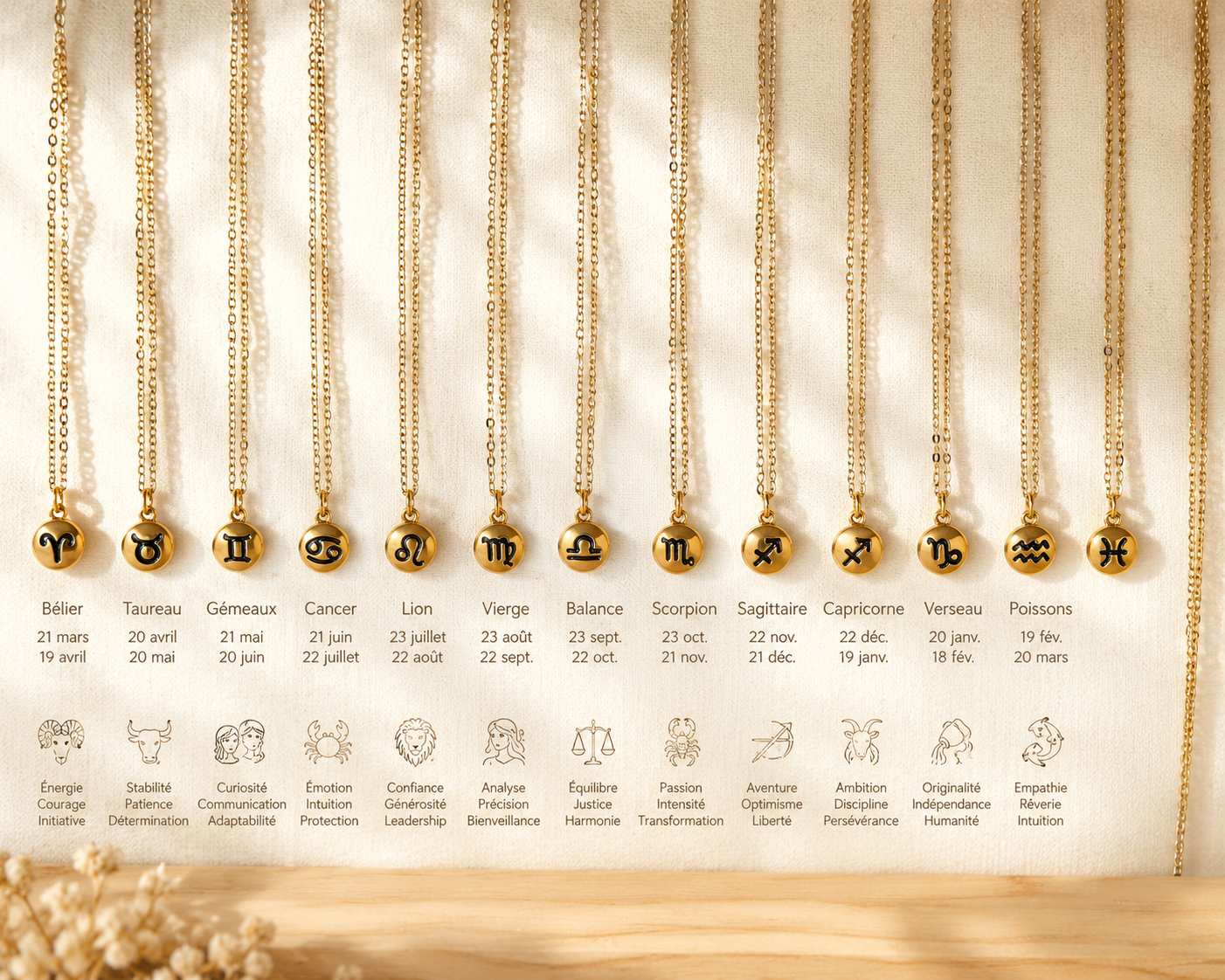 Collier signe astrologique en acier inoxydable doré