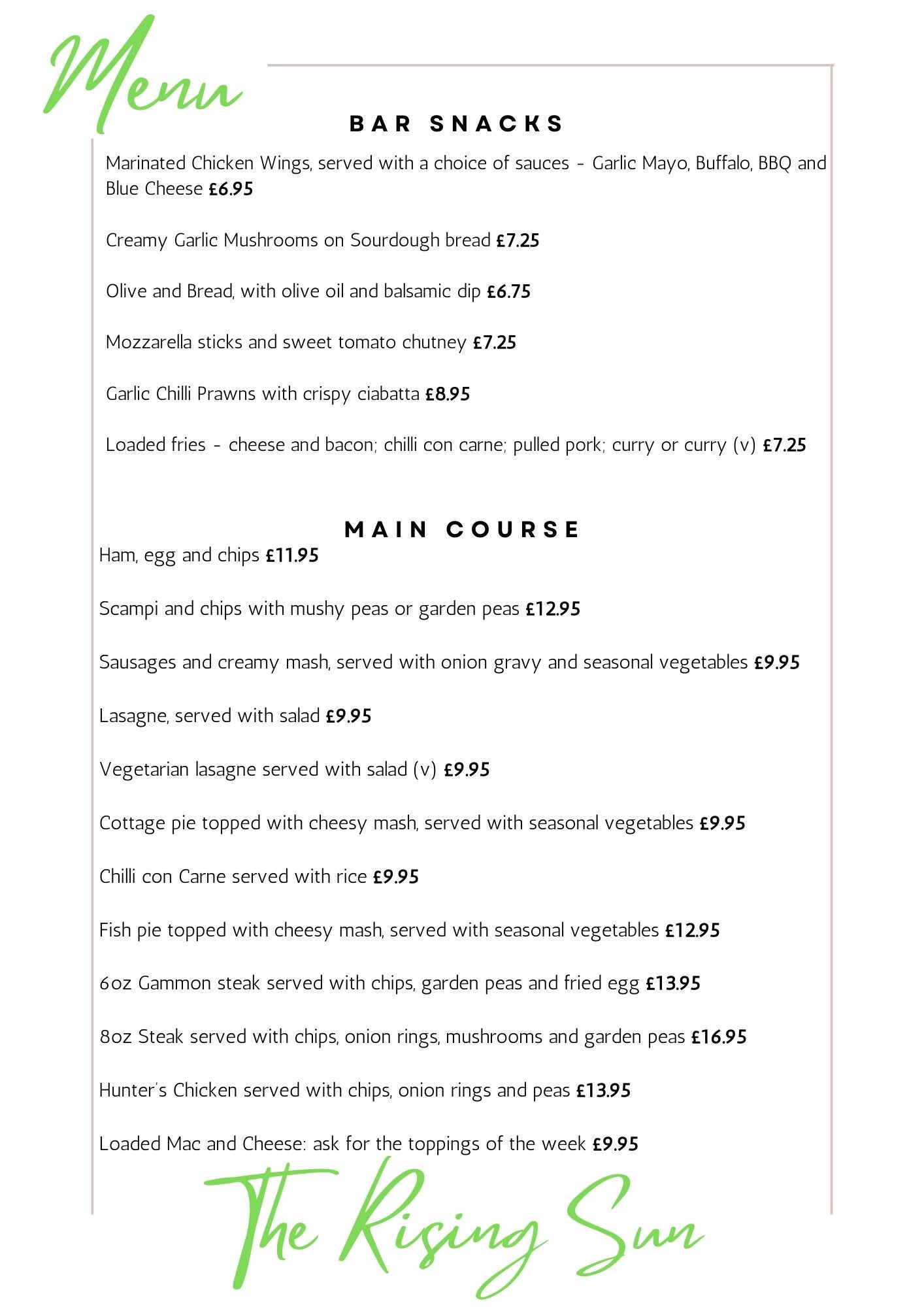 Menu | The Rising Sun