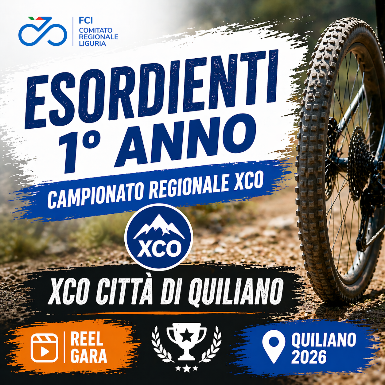 Copertina reel Esordienti 1° anno Campionato Regionale XCO Quiliano con grafica gara e dettaglio bici su fondo sterrato