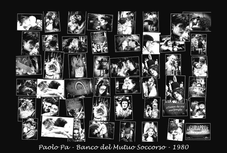 Composit fotografico in bianco e nero con volti, baci, abbracci, famiglie e messaggi ripresi durante diversi Pride, ispirato al brano Paolo Pà del Banco del Mutuo Soccorso.