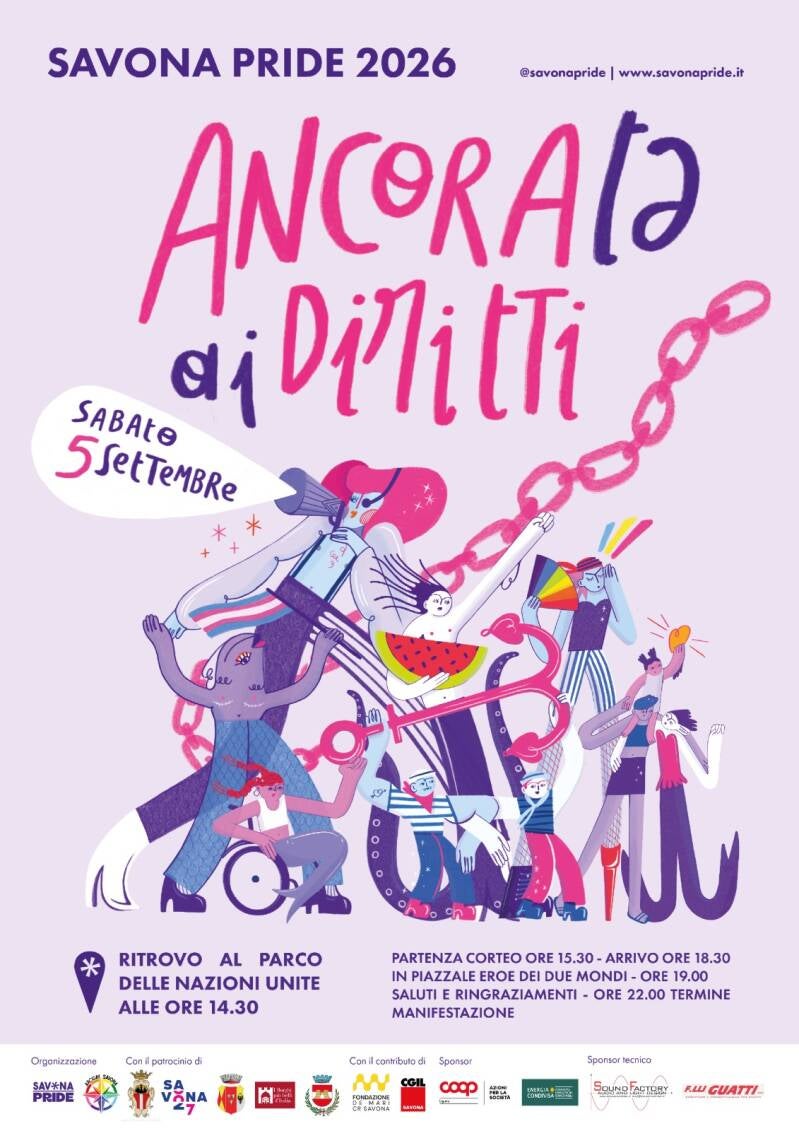 Manifesto ufficiale del Savona Pride 2026 – Ancoratə ai diritti, sabato 5 settembre a Savona, con ritrovo al Parco delle Nazioni Unite.