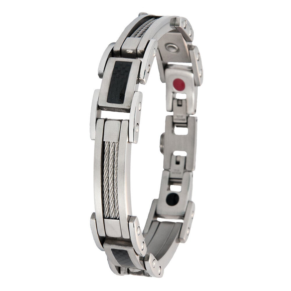 14073B Armband gemaakt van edel (chirurgisch) mat staal met kabel en carbon accenten.