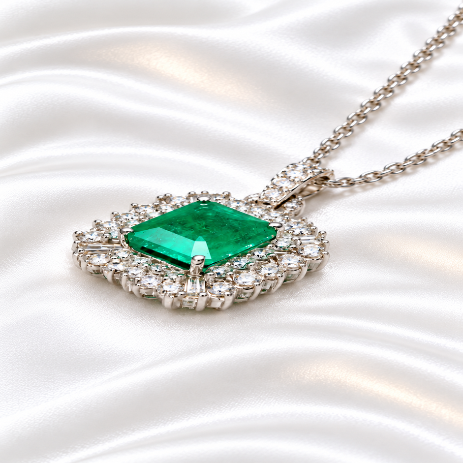 Emerald green pendant framed by diamonds on white satin