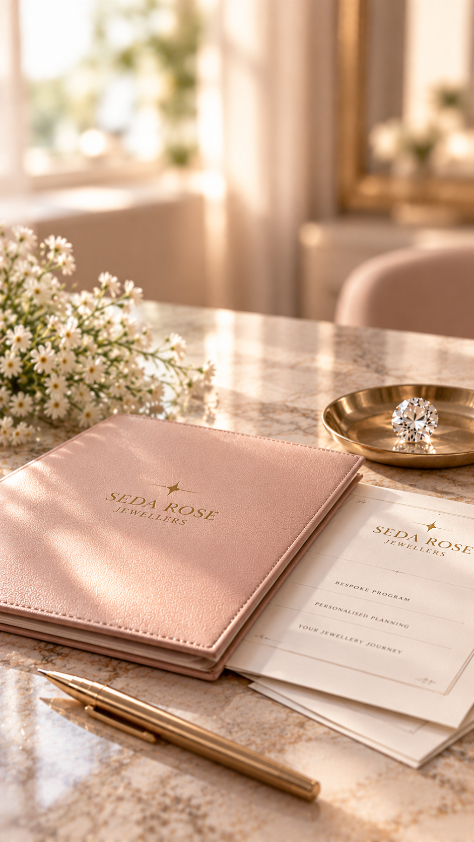 SEDA ROSE blush portfolio with a diamond and delicate flowers