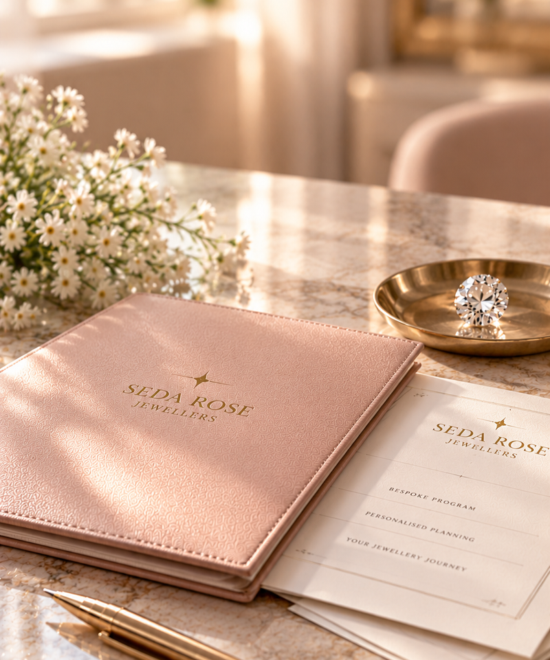 SEDA ROSE blush portfolio with a diamond and delicate flowers