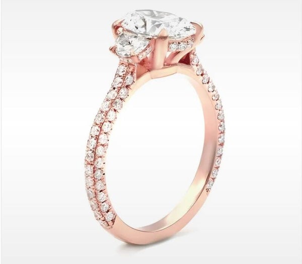 THREE ROW PAVE HALF MOON ENGAGEMENT RING SETTING IN 14K ROSE GOLD, CENTER ROUND, Style #:R3122