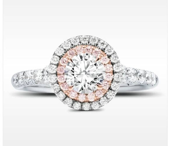 ROSE AND WHITE DOUBLE HALO SETTING, SAT IN 14K WHITE GOLD, ROUND CENTRE   Style#: R3069
