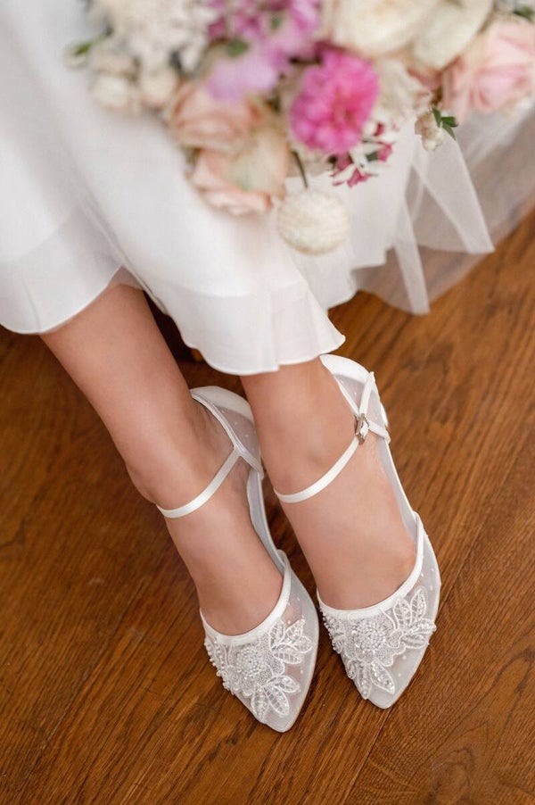 Brautpumps Sandale transparenter Tüllstoff Satin