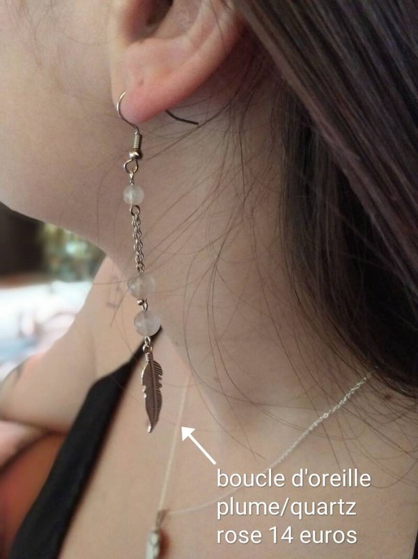 boucle d'oreille quartz rose/plume