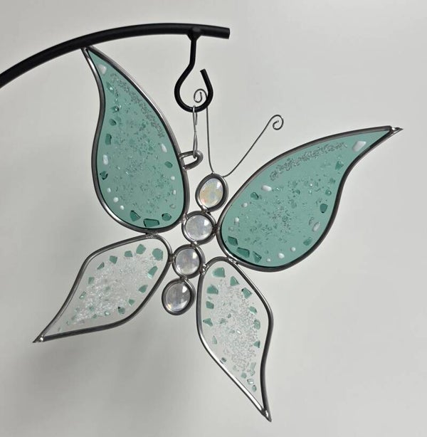 Vlinder aqua groen en clear glas 3D met speciaal gefusde vleugels