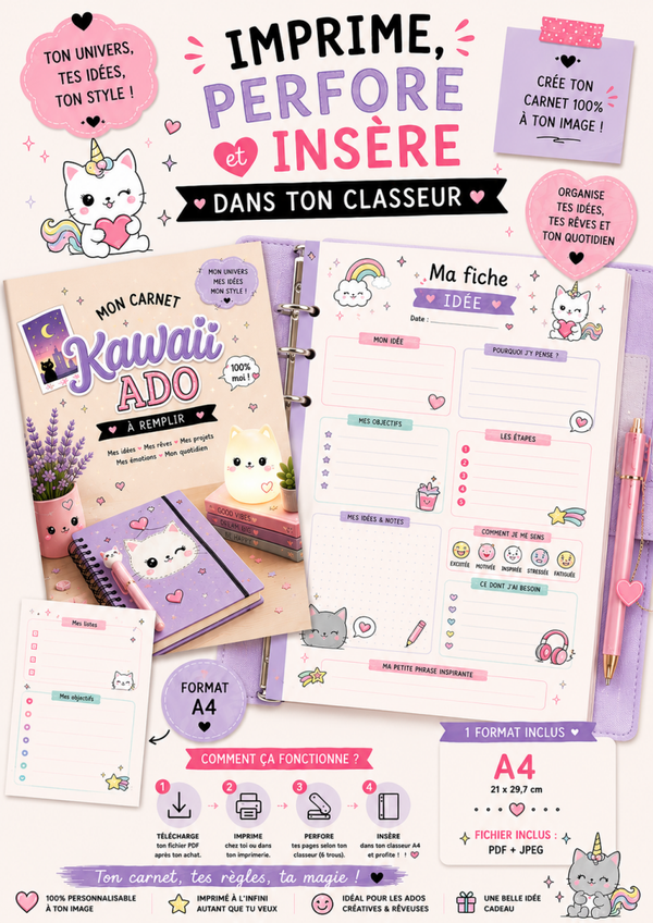 Mon Carnet Kawaii Ado à Remplir – Format A4 PDF & JPEG