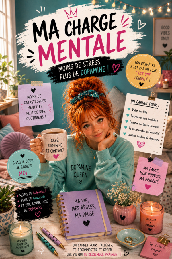 Ma Charge Mentale – Moins de stress, plus de dopamine !  Un carnet doux, motivant et bienveillant pour souffler, vider ta tête et remettre un peu de légèreté dans ton quotidien