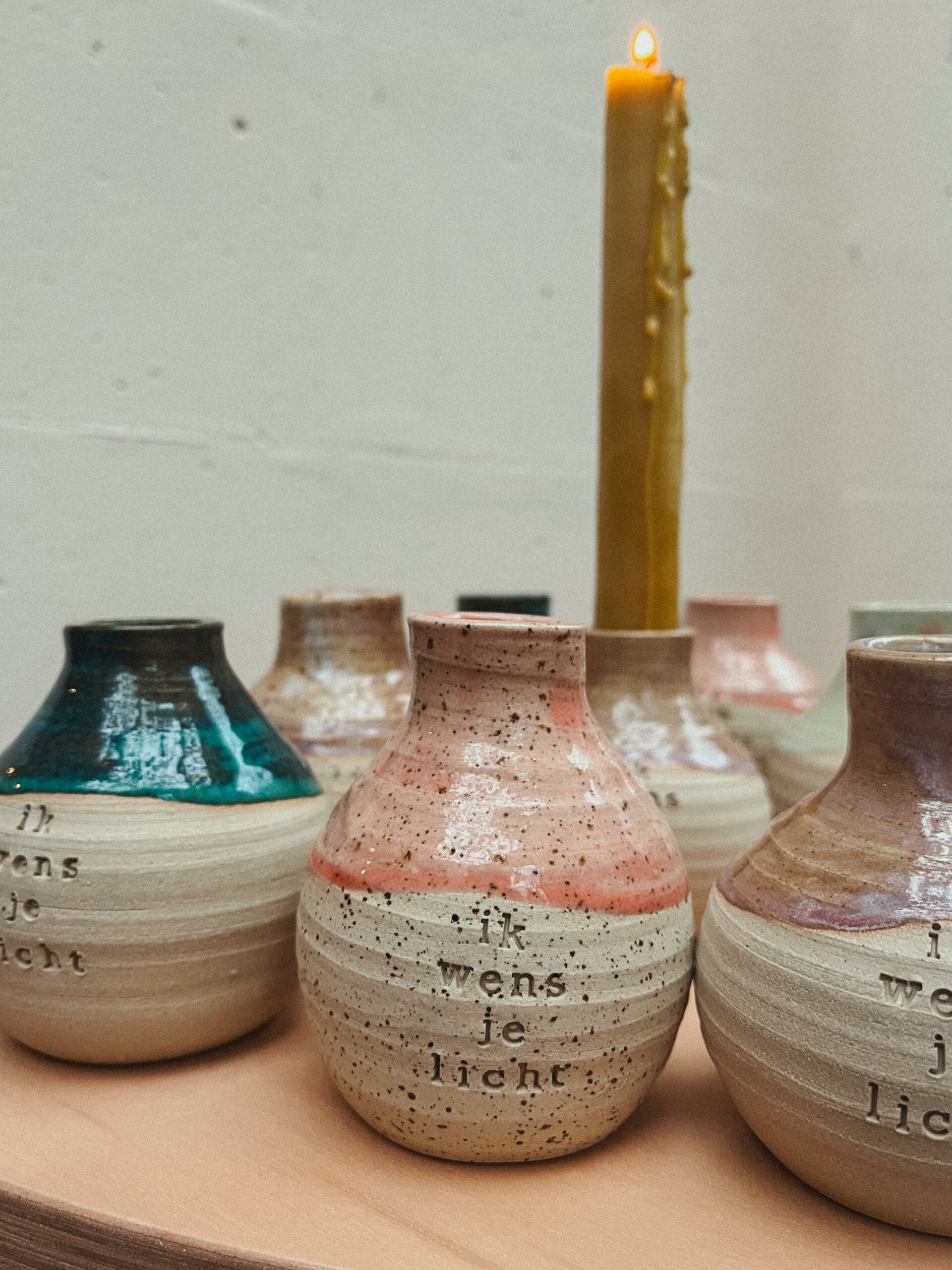 Ik wens je licht - kaarshouder spikkel roze