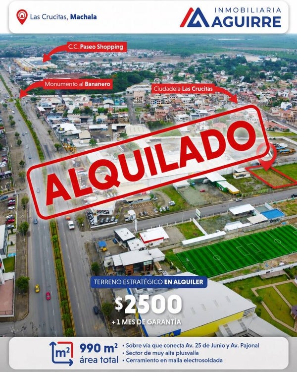 EN ALQUILER: estrategico terreno a pocos metros de la Av. 25 de Junio, Machala