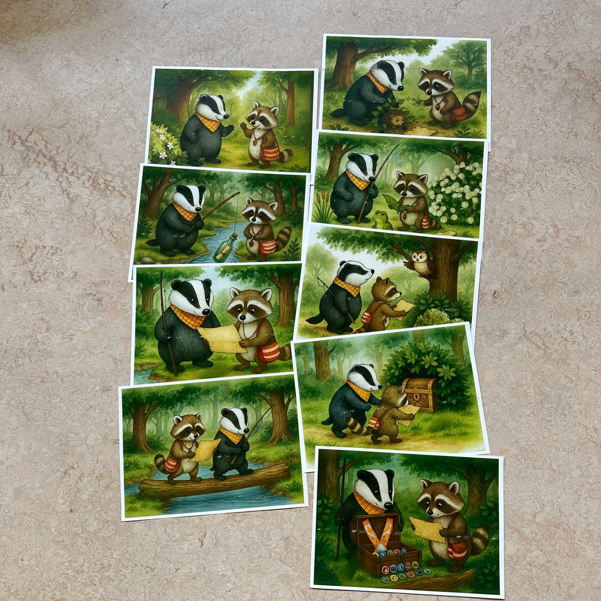 Bildergeschichte mit Waschbär und Dachs