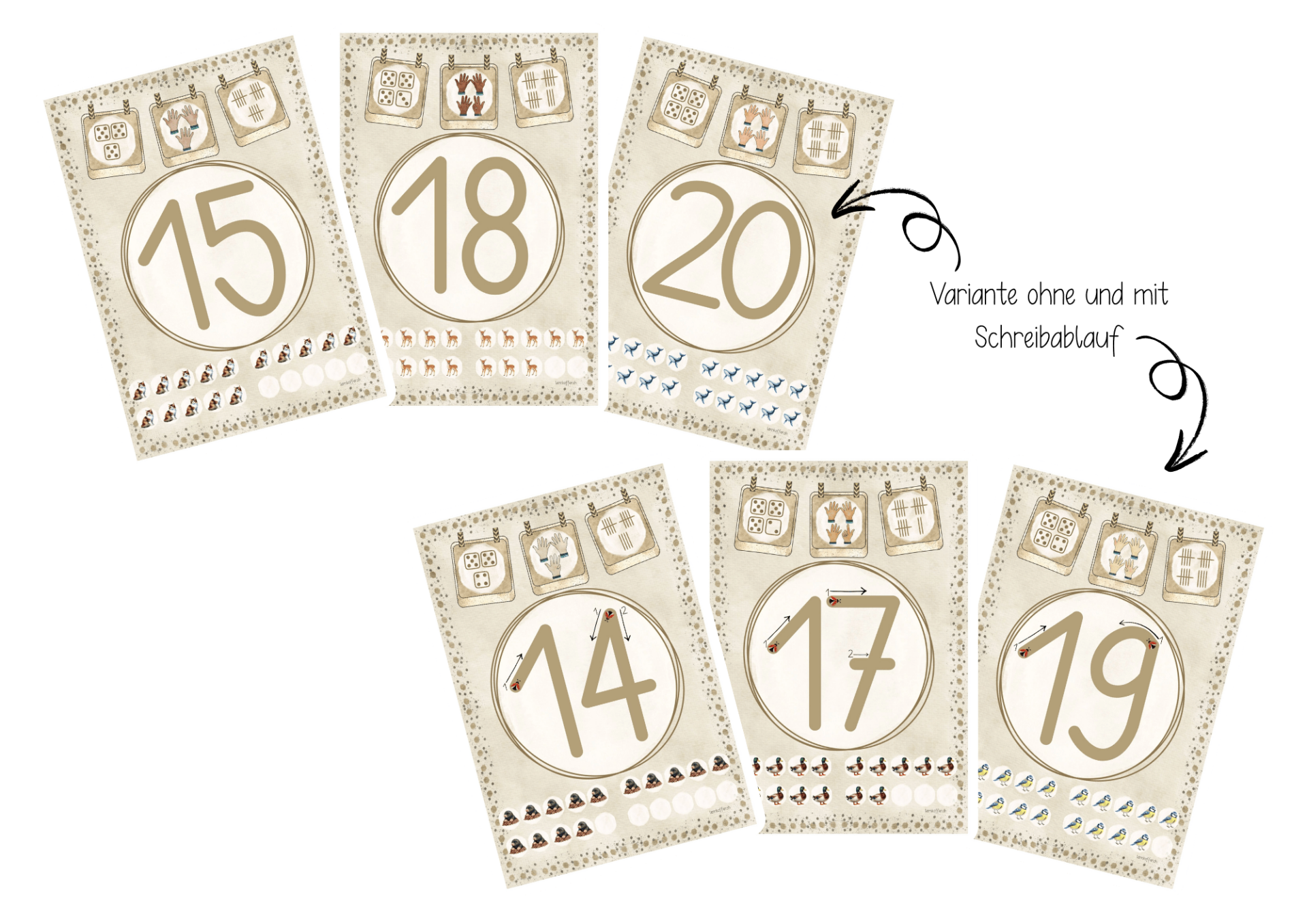 Zahlenplakate beige/hellbraun: 13-20