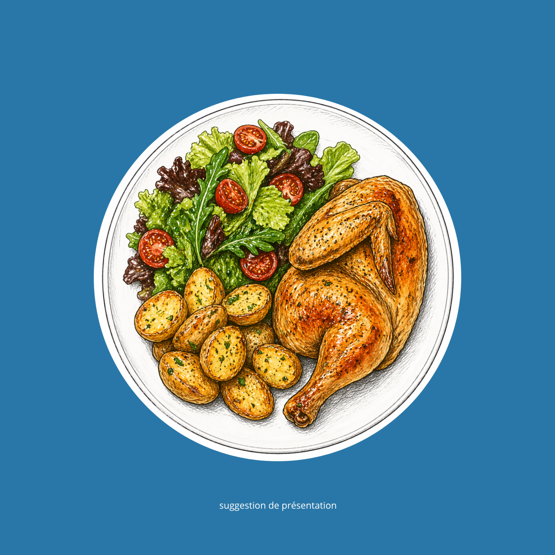 Demi-coquelet, salade et potatoes