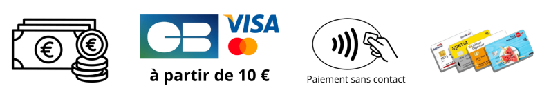 Moyens de paiements acceptés : espèces, CB (à partir de 10€), paiement sans contact, cartes Titres-restaurant Conecs