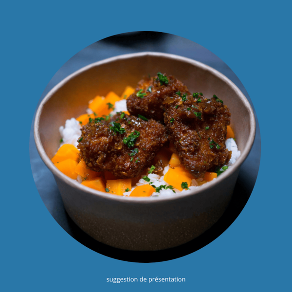 Poulet croustillant ail et miel, riz, carottes