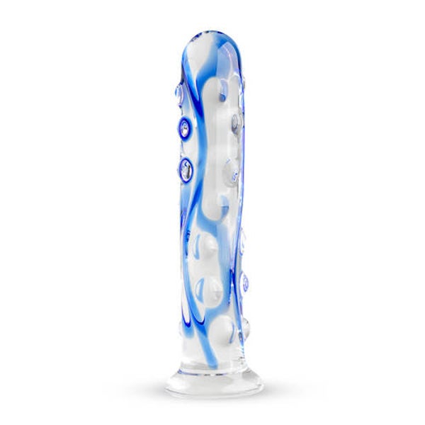 Genopte Glazen Dildo Met Blauwe Strepen - Transparant