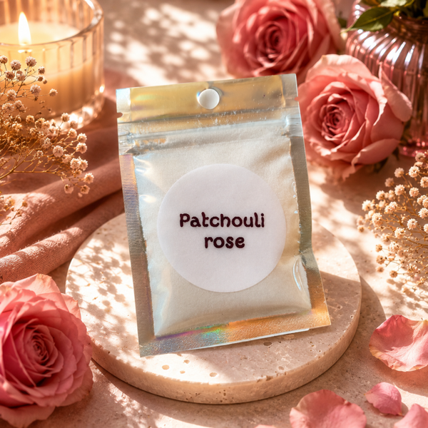 poudre parfumée odeur patchouli rose