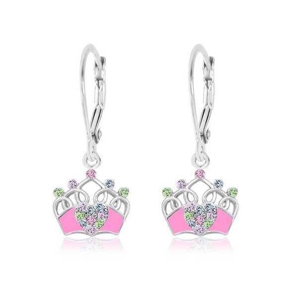 Zilveren kinderoorbellen met brisure sluiting: Roze kroon met Swarovski kristallen