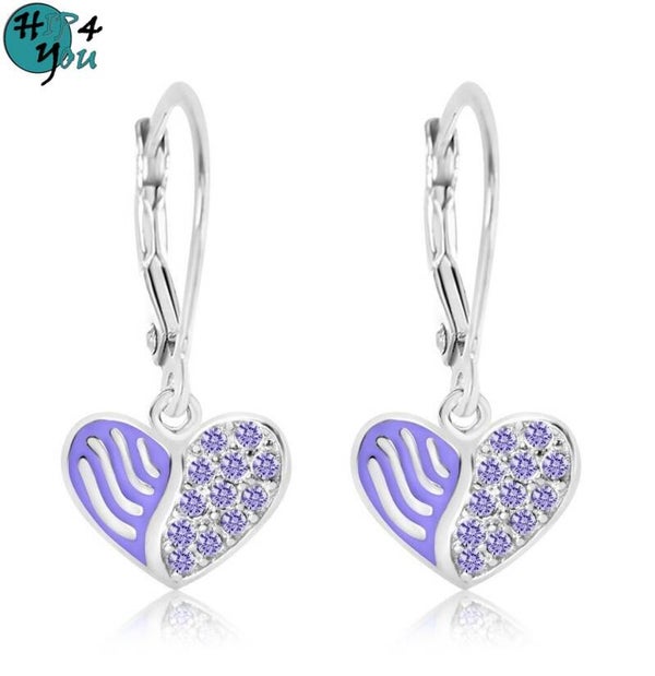 Zilveren kinderoorbellen met brisure sluiting: Paars fashion hartje met kristallen