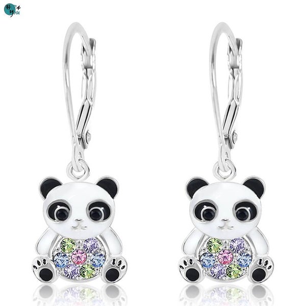 Zilveren kinderoorbellen met brisure sluiting: Panda met gekleurde kristallen