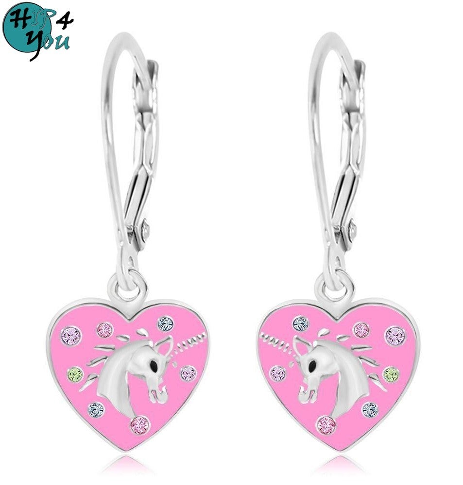 Zilveren kinderoorbellen met brisure sluiting: Roos hartje met eenhoorn