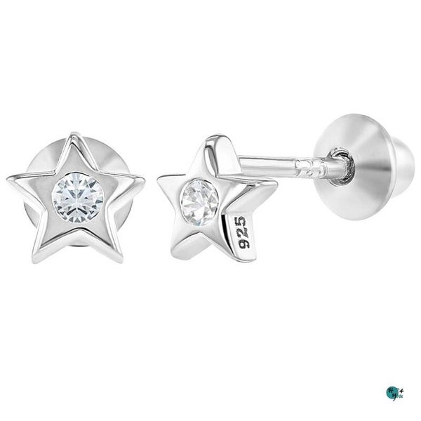 Zilveren kinderoorbellen met schroefsluiting: Kleine ster met heldere Zirkonia