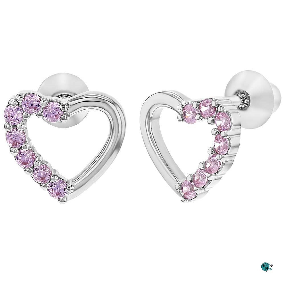 Zilveren kinderoorbellen met schroefsluiting: Open hartje met roze Zirkonia