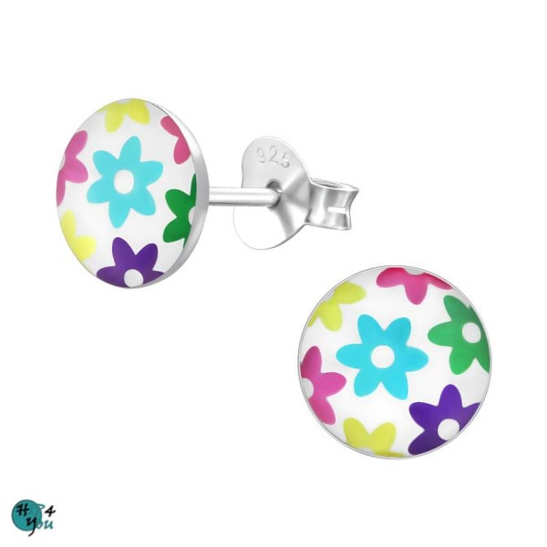 Zilveren kinderoorbellen: Kleurrijke bloem oorstekers