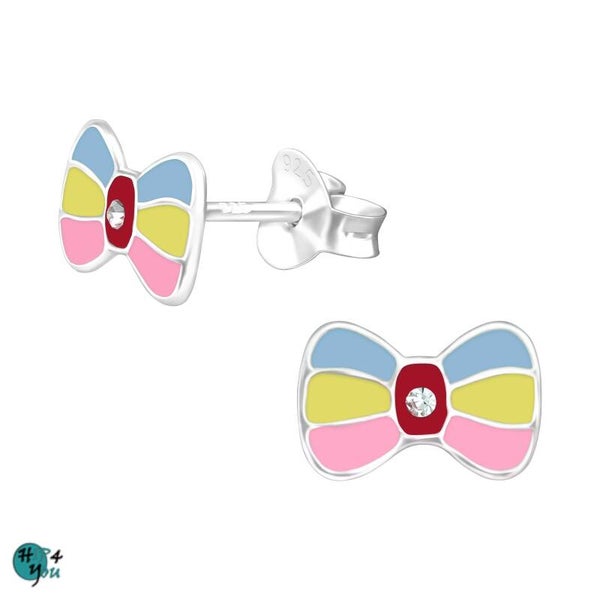 Zilveren kinderoorbellen: Strikje oorstekers met kristallen