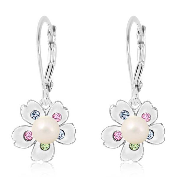 Zilveren kinderoorbellen met brisure sluiting: Bloem met parel en Swarovski kristallen