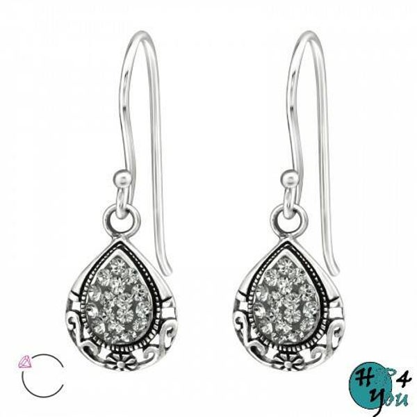 Zilveren Damesoorbellen: Tear drop oorhangers met black diamond SWAROVSKI kristallen