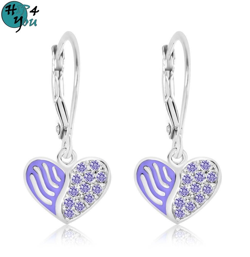 Zilveren kinderoorbellen met brisure sluiting: Paars fashion hartje met kristallen