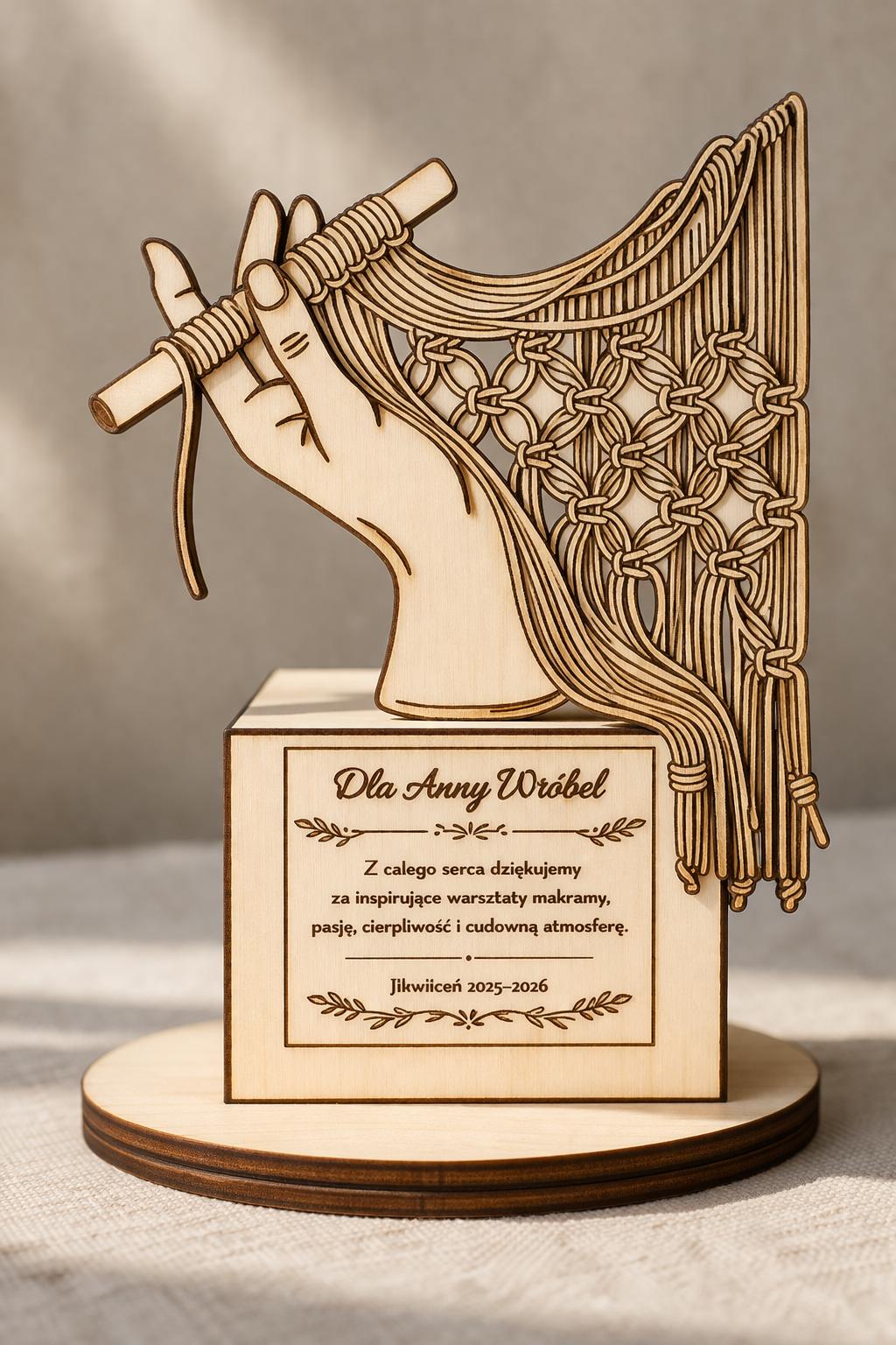 PERSONALIZOWANA STATUETKA DREWNIANA – Edycja "Macrama"