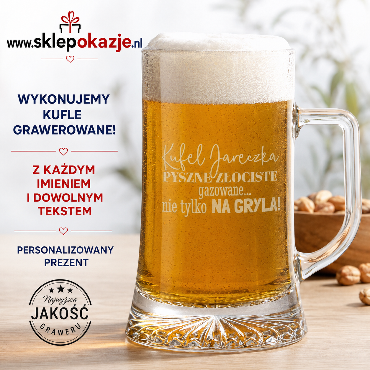 GRAWEROWANY KUFEL DO PIWA z imieniem i własną treścią