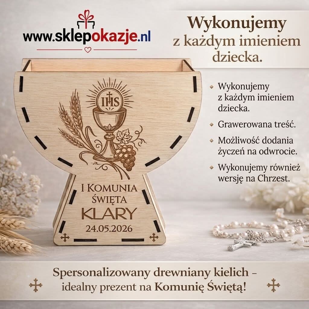 DREWNIANY KIELICH PAMIĄTKOWY na I Komunię Świętą /Chrzest