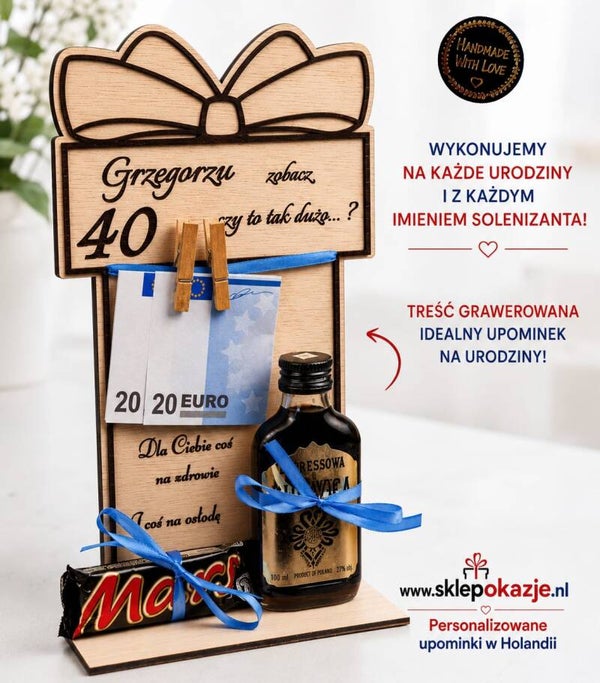 TABLICZKA URODZINOWA na mały alkohol, gotówkę i słodycze
