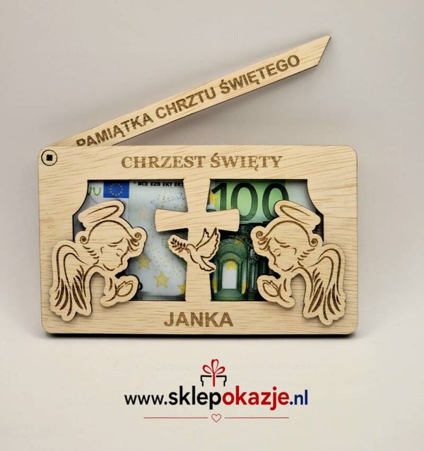 OTWIERANA KOPERTA NA CHRZEST  (z grawerem i miejscem na pieniądze)