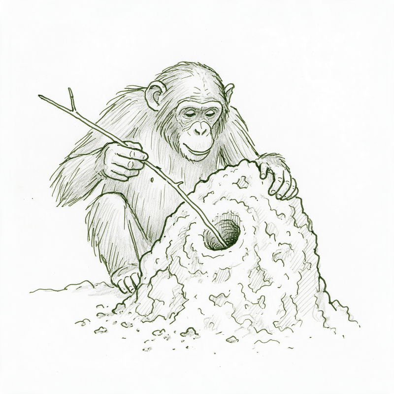 Croquis d’un chimpanzé pêchant des termites