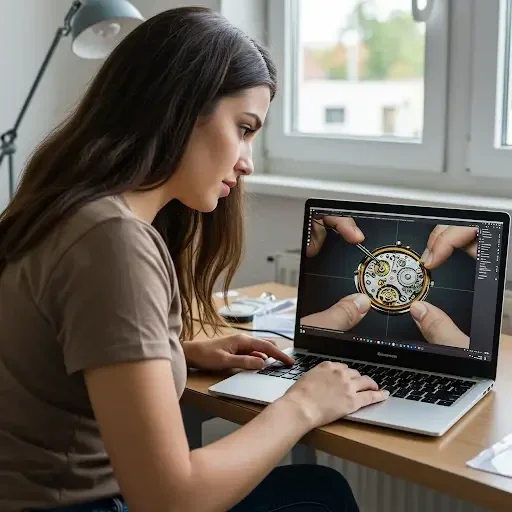 imagen de chica frente al ordenador examinando un movimiento de reloj